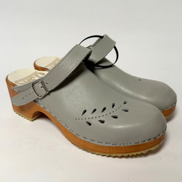 SVEN Original Grey Leaf Punch Leather Clogs – 7.5/8 Womens NARROW Fit - Picture 4 of 10